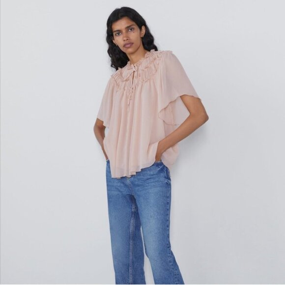 Zara Light Pink Ruffled Short Sleeve Blouse, Size Small - Picture 3 of 16
